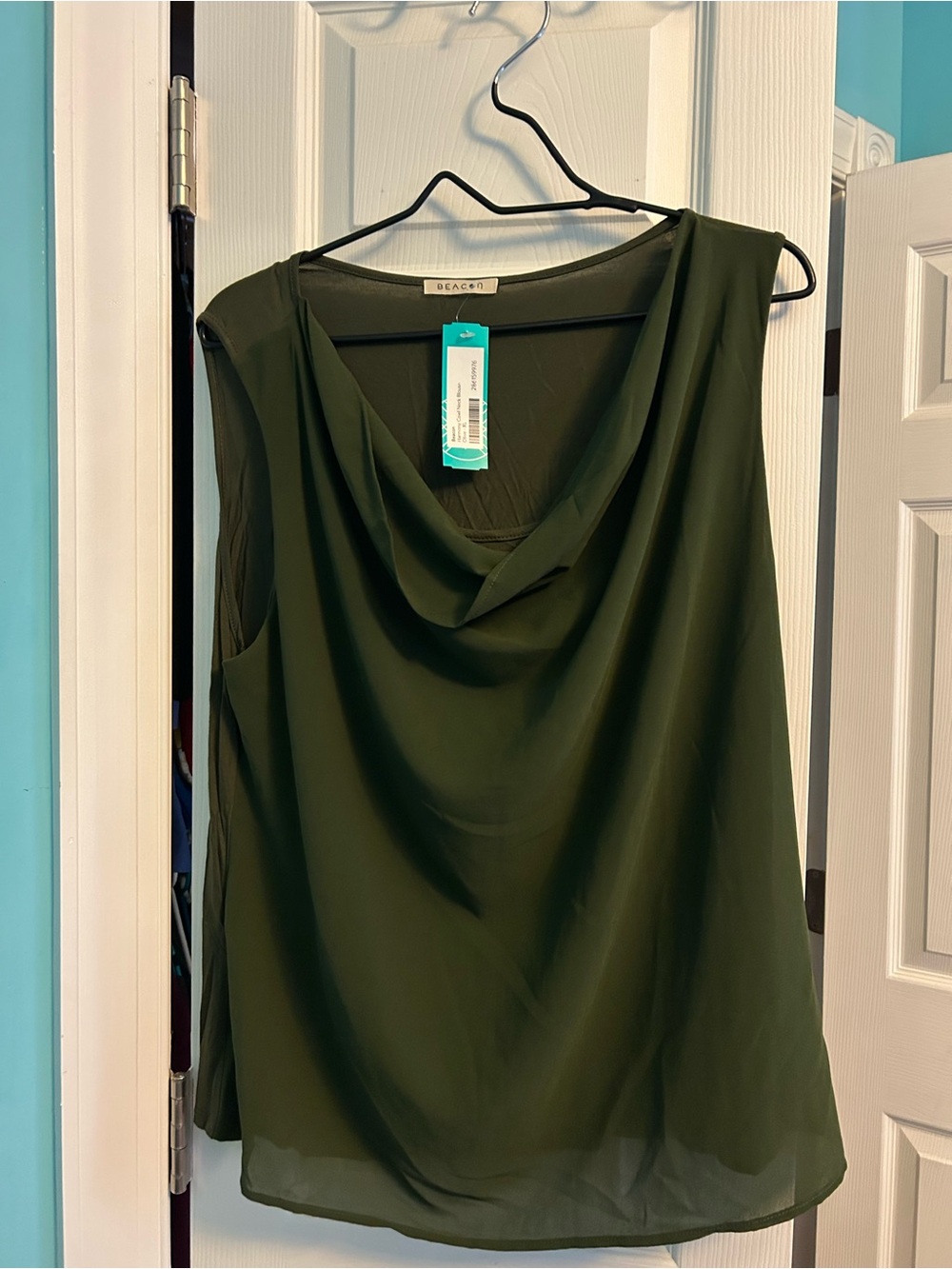 Beacon Olive Green Draped Sleeveless Blouse